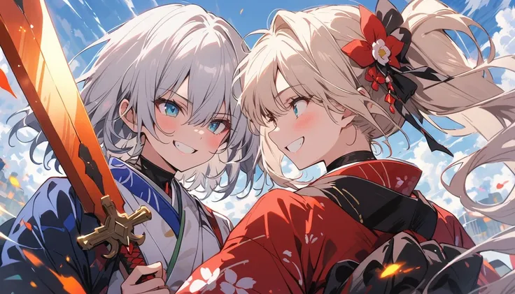 Two women facing each other、 each have a Japanese sword　 kimono 　Black and silver hair 　Tall　Narrow eyes　smile　Glare　 Flirty attitude 　Madness　spark　battlefield