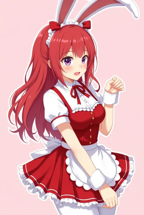 no way, Best Quality,  1 girl, Alone, Red Hair,  purple eyes, Long Hair, big, Oh Bunny, Bunny ears, Red Corset, gakuran, apron, Red neck ribbon,  red skirt ,  hair bow, Short sleeve, Wrist Cuffs,  White thighs , Jingle Bells