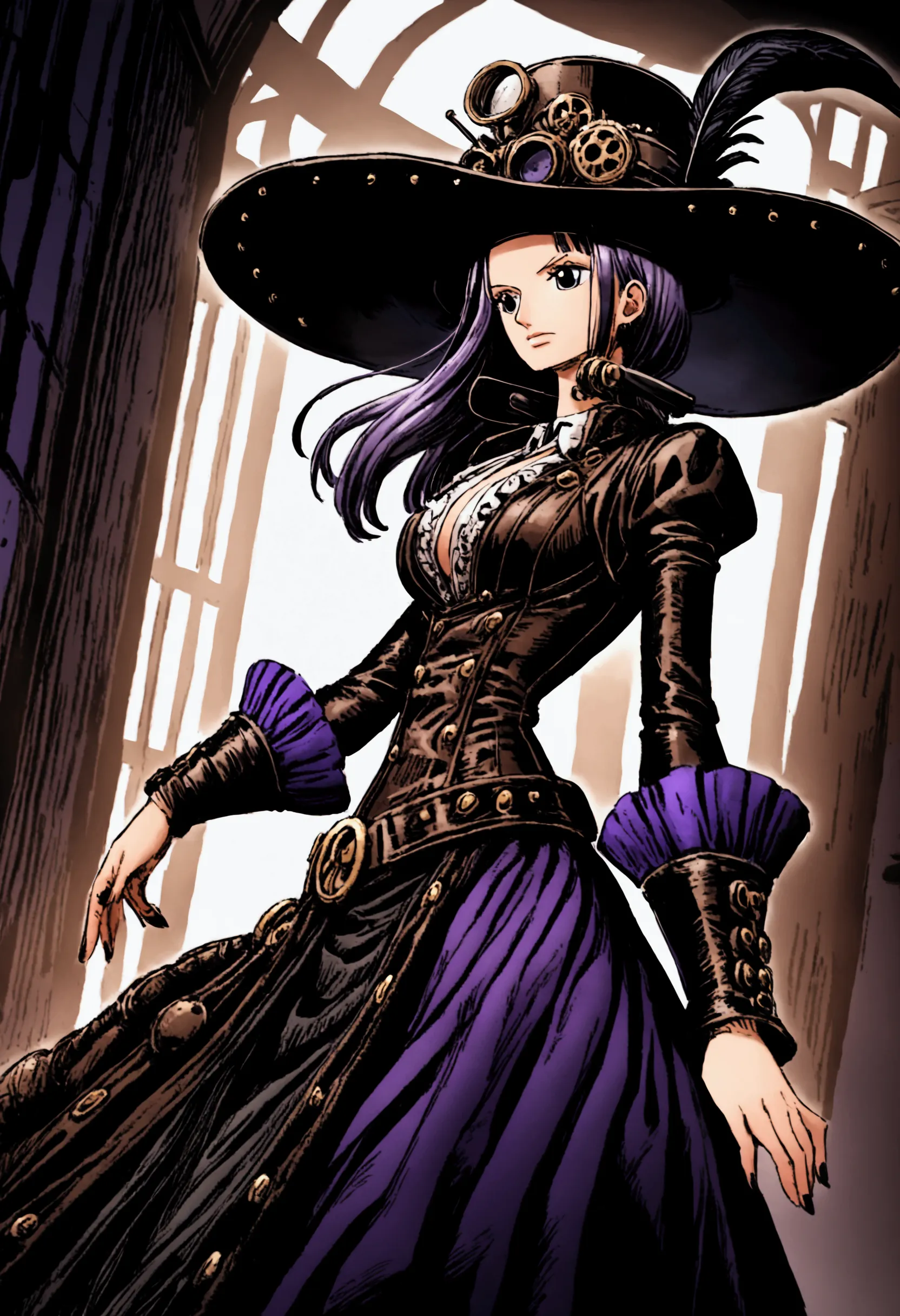 a one piece girl characters, pretty, elegant, steampunk clothes, blue and purple colors, big hat