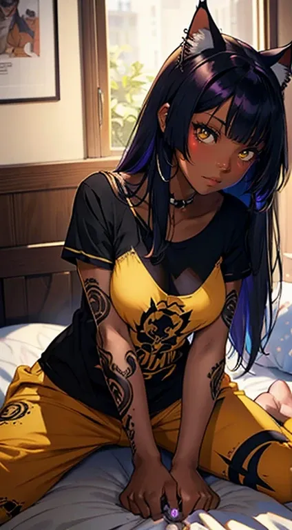 beautiful cat girl,   dark skin ,  colorful hair ,  glowing golden eyes, tattoo, piercing, room, in pajamas, playing with a big ...