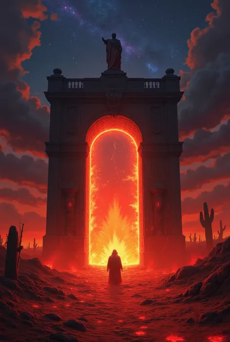 landscape, Scorched Earth, Red Soil, Dimensional Gate, Demonic Energy, Portal ( object), A huge arch with a statue, particle, desert,  Knight , star,  under erection clothes {x} volumetric lighting, Best Quality, masterpiece, Hand painted textures,  Intric...