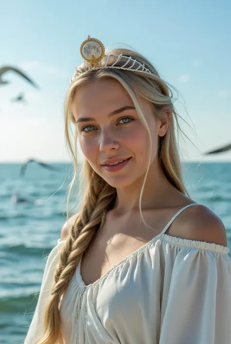  A girl came out of the sea , The Swan Princess of Russian Mythology, Beautiful and calm face,  blue eyes , Long blonde hair braided, The moon is woven into the hair at the back of the head., Old Russian shiny white clothes,  with a Kokoshnik crown on her ...