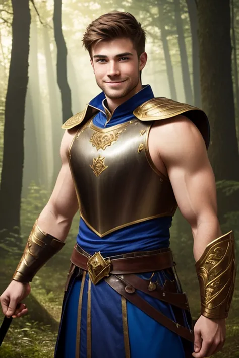 photo realistic. a handsome, twenty-year-old, caucasian, muscular medieval warrior, with fade-cut, brown hair, stubble, and blue...