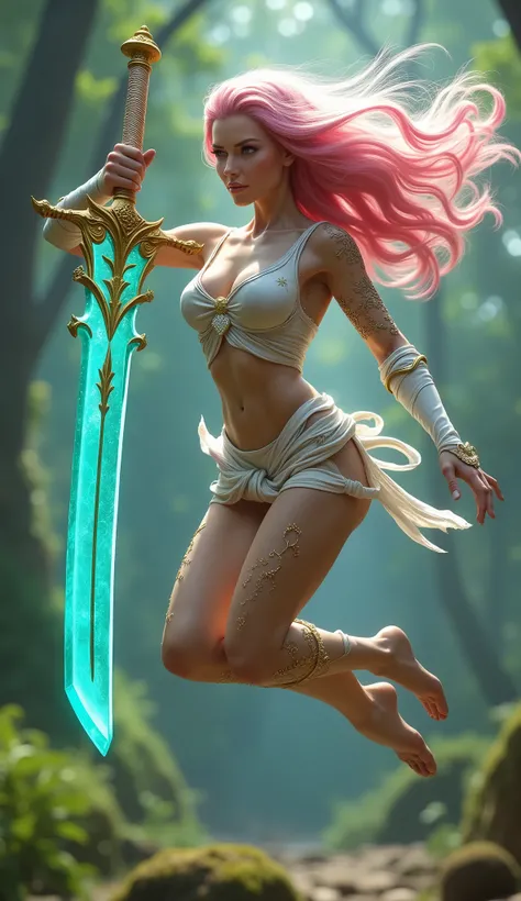 8k, photorealistic, highly detailed, side-view image featuring a dynamic and stylized depiction of a female character with long, flowing pink hair. She is mid-leap, showcasing an athletic pose, and is wielding a large, translucent turquoise sword with gold...