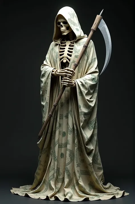 An image of Saint Death 100  %  real with a single sickle with clothes made of paper dollar money 