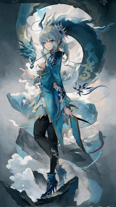 an anime girl with a chinese dragon at the backlooking at viewer, smile, blue eyes,