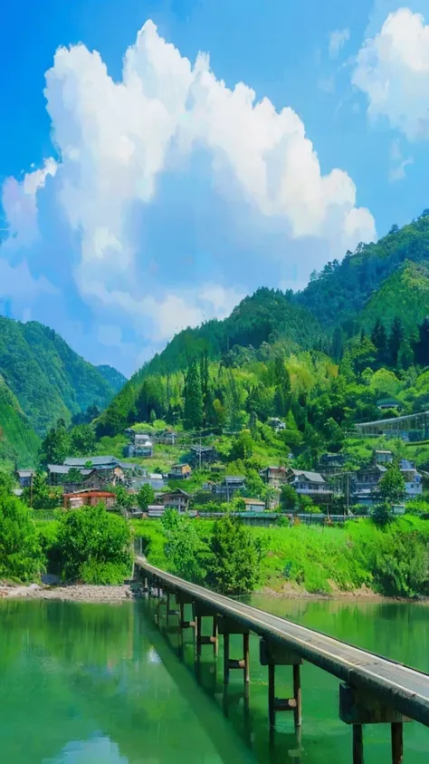 "a tranquil japanese mountain village scene with a long concrete bridge stretching across emerald-green lake waters. traditional...