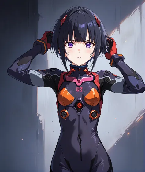 score_9, score_8_up, score_7_up, source_anime, 1girl, solo, expressionless, scorn, grumpy,frown, srykcy, short hair, black hair, bob cut, blunt bangs, purple eyes, flat chest, small breasts,plugsuit,bodysuit,pilot suit,bracer,open mouth,bangs,turtleneck,so...