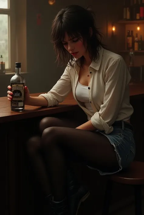 Totally drunk European woman with a bottle of vodka in her hand and wearing dark black pantyhose, white leotard, wet blue jeans shorts, white blouse, wet black ankle boots. She is desperate in a bar and totally peeing herself.
