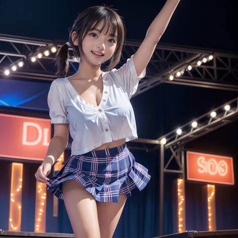 japan school 3girls, dark blue super short plaid pleated mini skirt、on the idol outdoor stage, neon sign, stage lights, blue sky...