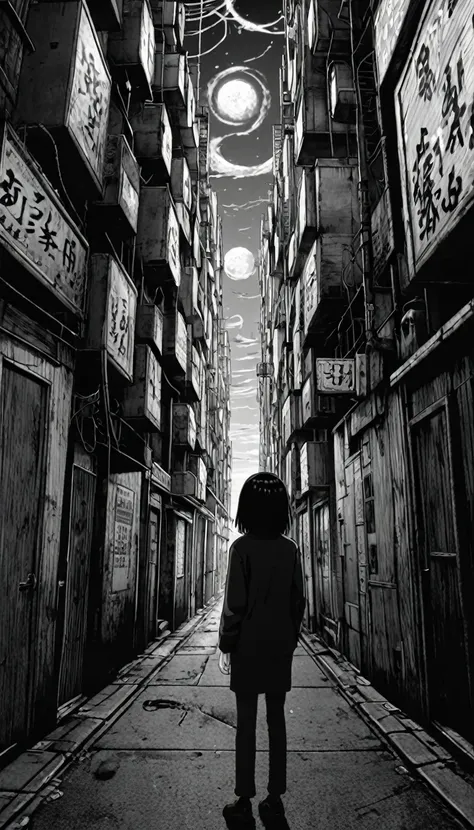 score_9, score_8_up, score_7_up, score_6_up, no human, bizarre scenario, Junji Ito, spiral alley, surrealism, dark, black and white, 8K, anime, horror, dutch angle