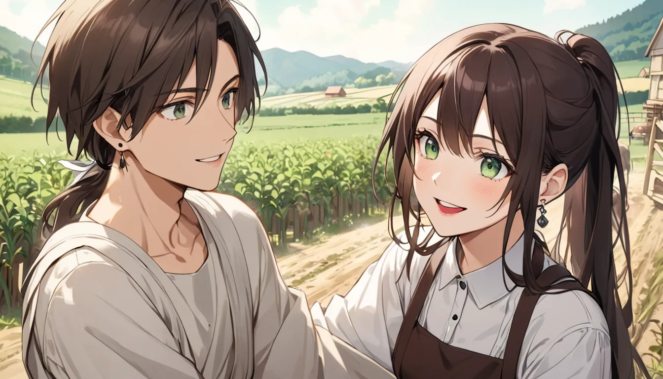 a young man, masculine, teenager with green eyes and medium fallen hair, dark brown hair, loose hair, wearing a white farmer's o...