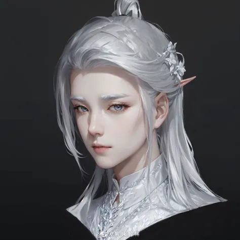 一个有white hair和剑的人的特写,   delicate hermaphrodite prince  , beautiful hermaphrodite prince, a portrait of a male elf, dragon, white...