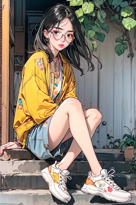 1girl,solo,jewelry,bracelet,(sitting:1.1),sunglasses,shoes,nail polish,black hair,sneakers,necklace,ring,freckles,shorts,full body,tinted eyewear,looking at viewer,nose,makeup,fingernails,lips,floral print,