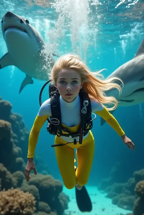 （ photorealistic、Live-action version、Best Quality、 realistically accurately expressed in detailed detail 、 masterpiece、 beautiful 20-year-old woman with big eyes and a tall nose 、 blond hair）、（ scuba diving 、 white and yellow wetsuit、goggles、Oxygen cylinde...