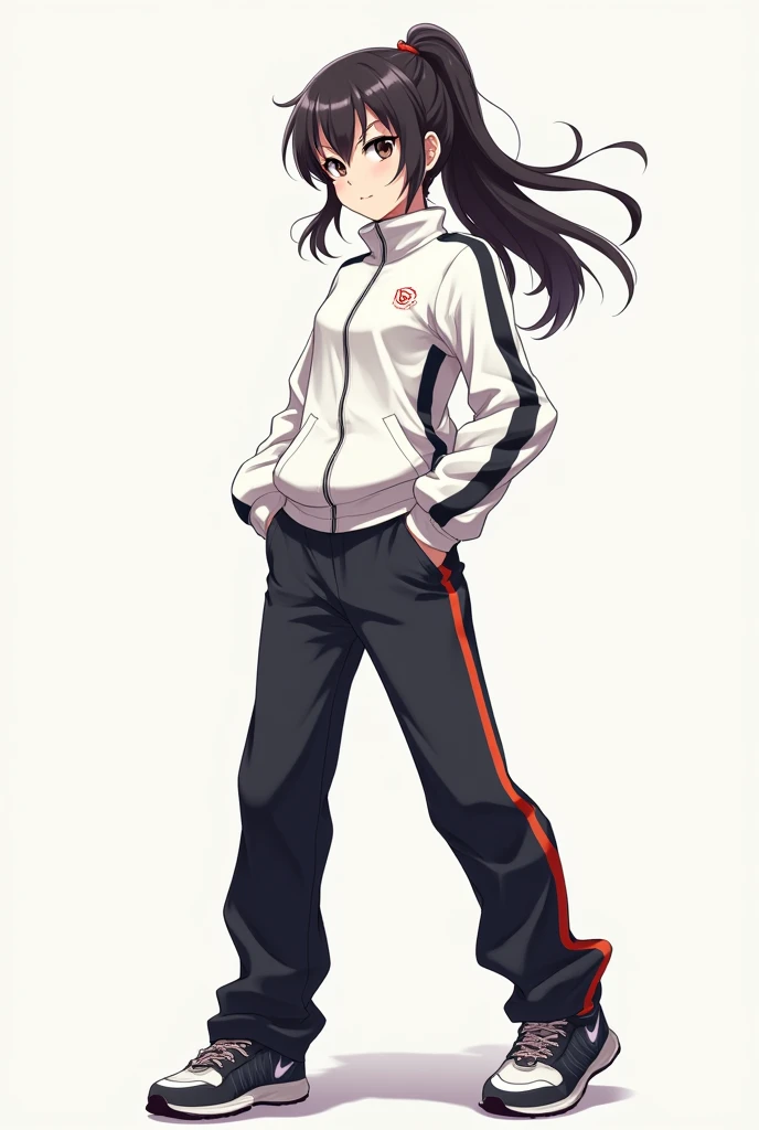 an anime girl white tracksuit and long black track pants 