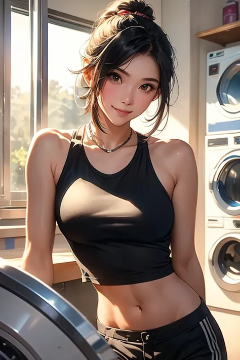 a beautiful 25-year-old thai woman wearing a gray midriff-baring tank top and black shorts, in a laundromat. washing machines ar...