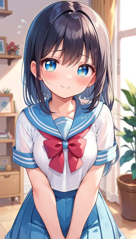 Beauty　Adult women　smile　blush　Embarrassed　 sailor suit　Upper body close-up　  on the hair　 on the cheeks 　Sound effects　room