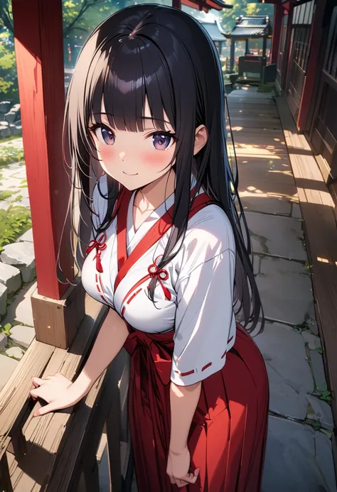 ((twilight sky)),(teen),full body,light smile,miko,shrine maiden outfit,((wearing japanese white clothes)),((red hakama)),Medium breasts,(long straight hair), black hair,blunt bangs,black eyes,beautiful body,(bashful),exposed,shrine,masterpiece,super detai...