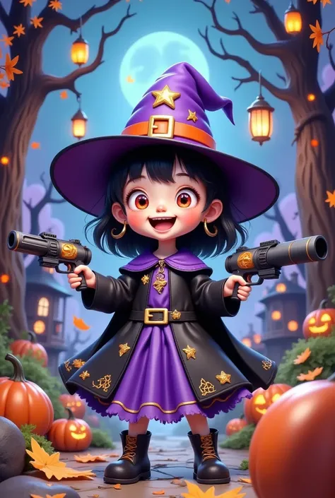  a cartoon girl dressed as a witch holding two guns,  Halloween art style,  cute数字绘画, Witch Girl,  cute detailed digital art, Halloween style, Fan Art, 8k high quality detailed art, Bright witch, 🍂  cute,  cute digital art, Cartoon Digital Painting, Cartoo...