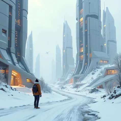  A futuristic utopia with many technologically advanced houses, you are in an extreme winter .