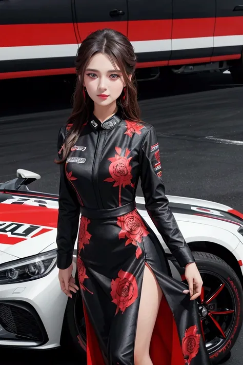 A beautiful salesgirl wearing a black dress with red patterns Located on a racing circuit with a background Car 