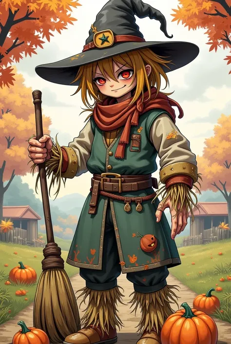  Close-up of a person wearing a scare hat and broom, powerful male scarecrow, scarecrow, 🍂  cute, the scarecrow, Zero Zen,  Great Character Design , From arknights, ( ( Character concept art ) ), Zero Zen art, detailed Anime Characters art, A painting by A...