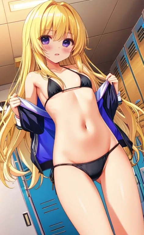  beautiful long blonde hair 　Shyness　 locker room 　Flat chest　 black bikini