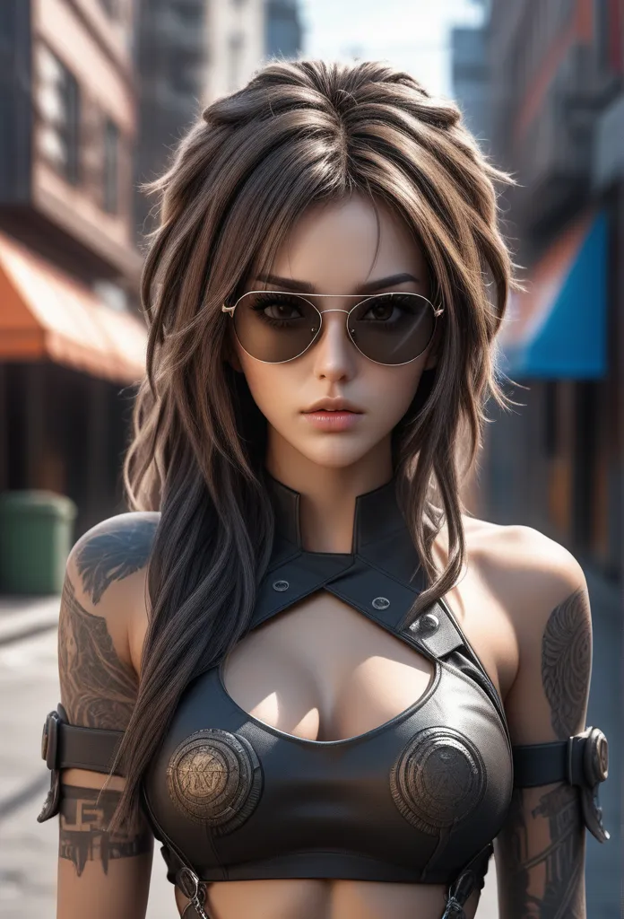 a hyper realistic ultra detailed photograph of a futuristic beautiful barbarian woman wearing sunglasses at a dystopian city, ta...