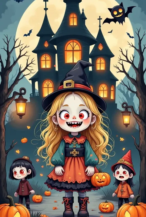 Halloween, retro, moonlit night, supernatural, pumpkin lantern, trick or treating, haunted house, strange atmosphere, mischievous pranks, mysterious shadows, delightful horror., This is a cute Halloween doll that captures the charm of Halloween, where the ...