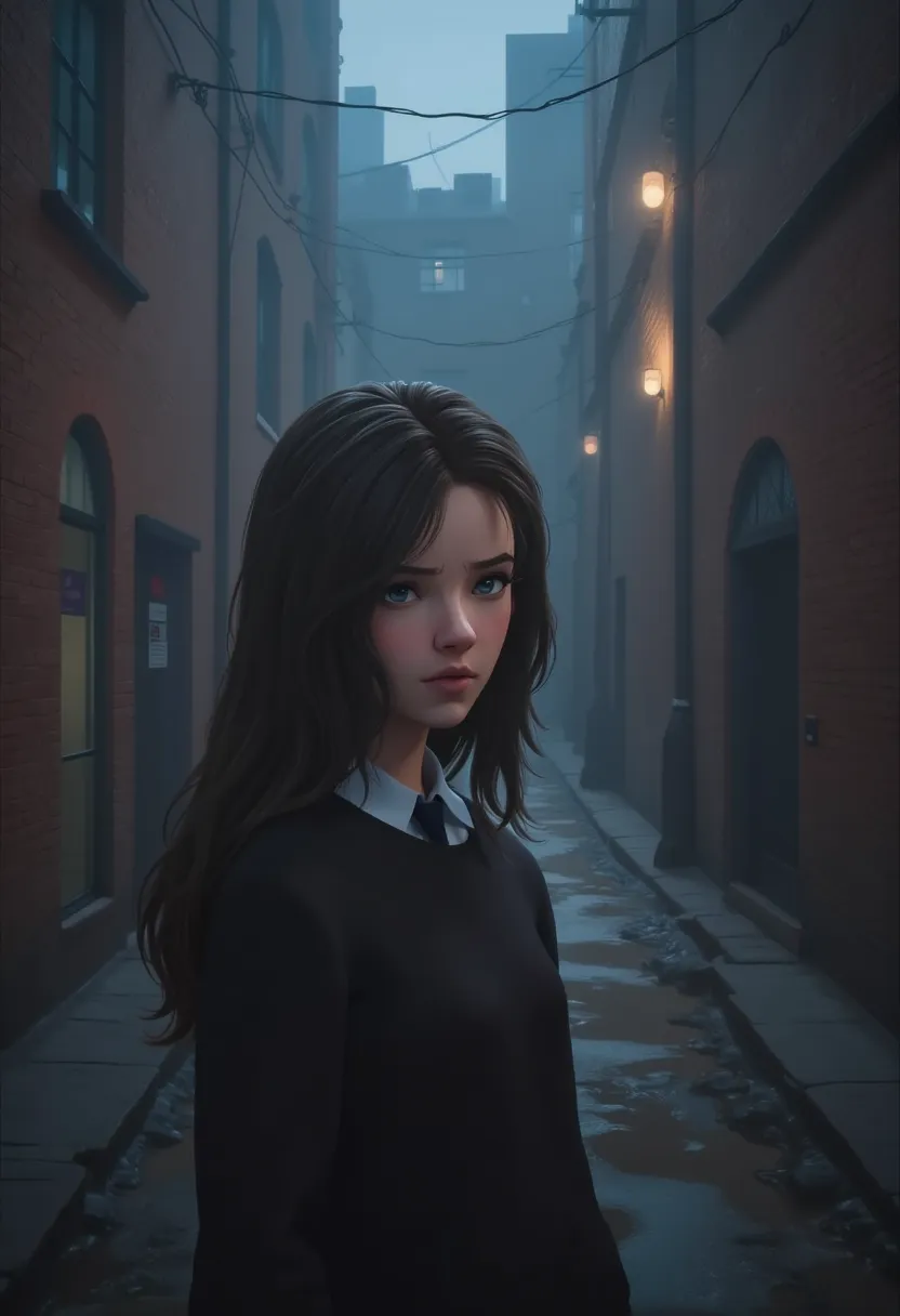 1girl, mysterious alley, detailed facial features, beautiful girl, long dark hair, intricate details, dark moody lighting, drama...