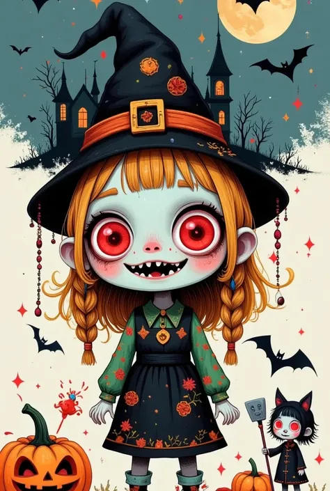 Halloween, retro, moonlit night, supernatural, pumpkin lantern, trick or treating, haunted house, strange atmosphere, mischievous pranks, mysterious shadows, delightful horror., This is a cute Halloween doll that captures the charm of Halloween, where the ...