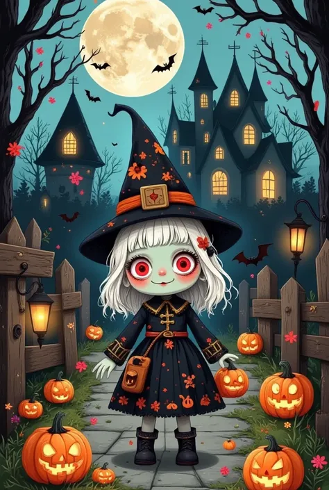 Halloween, retro, moonlit night, supernatural, pumpkin lantern, trick or treating, haunted house, strange atmosphere, mischievous pranks, mysterious shadows, delightful horror., This is a cute Halloween doll that captures the charm of Halloween, where the ...