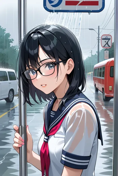  Black Hair ,Glasses,  sailor suit,bus stop,Showers,Sheltering from the Rain,