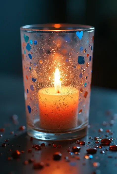 behind the frosted iridescent mosaic glass there is a single candle with a flickering flame, various effects, delicate and dynamic textures, contrasts of light and shadow, 2.5D, artistic photography, hyper realistic, digital graphic CG, BREAK ultra detaile...