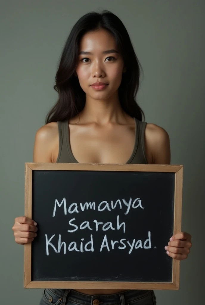 buat manasin mantan 

asian woman wearing tanktop holding black board with text "mamanya SARAH KHALID ARSYAD"