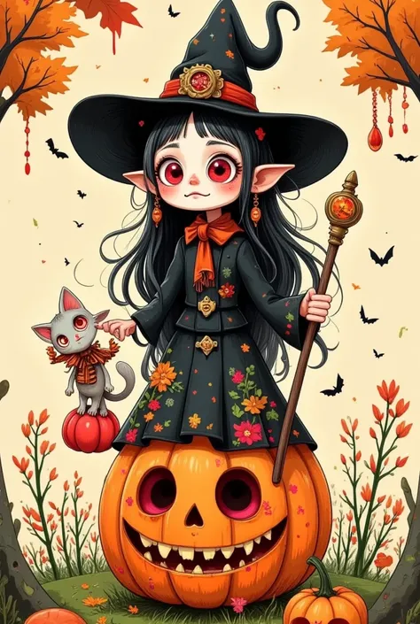 An image of a Halloween witch, wearing a hat, sitting on a pumpkin, holding a magic wand, surrounded by a kitten elf, cartoon style, C4d, octane rendering