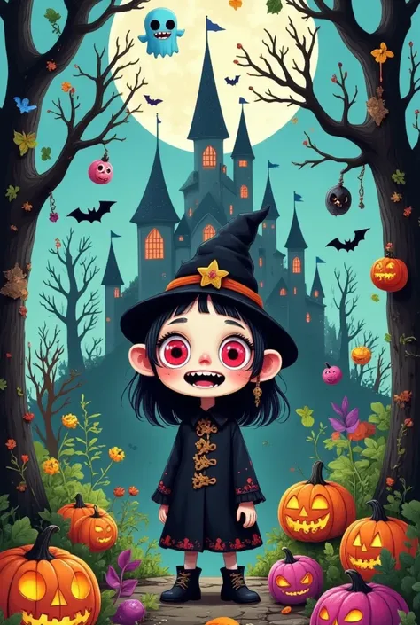 game poster, featuring the character "happy halloween" in cartoon style with colorful colors, The background is an old castle surrounded by green trees and misty fog under moonlight. A blue ghost holds out his hand to you from above, Theres text on top of ...