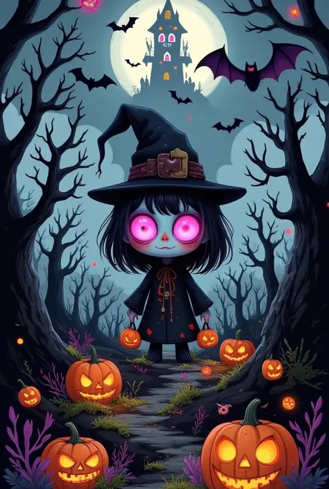 A spooky, cartoonish Halloween scene with a dark, eerie atmosphere. A haunted house stands with crooked windows and a slanted roof, glowing faintly in the night. Its surrounded by a misty, shadowy forest with twisted, dark trees. Playful, eerie ghosts floa...