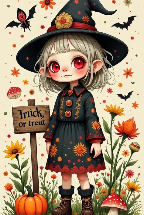 An adorable , presented in the style of a vintage childrens book illustration, stands next to flowers, mushrooms and pumpkins with Halloween elements. There is a wooden sign behind him that reads "Trick or treat" in the style of Don Blanding