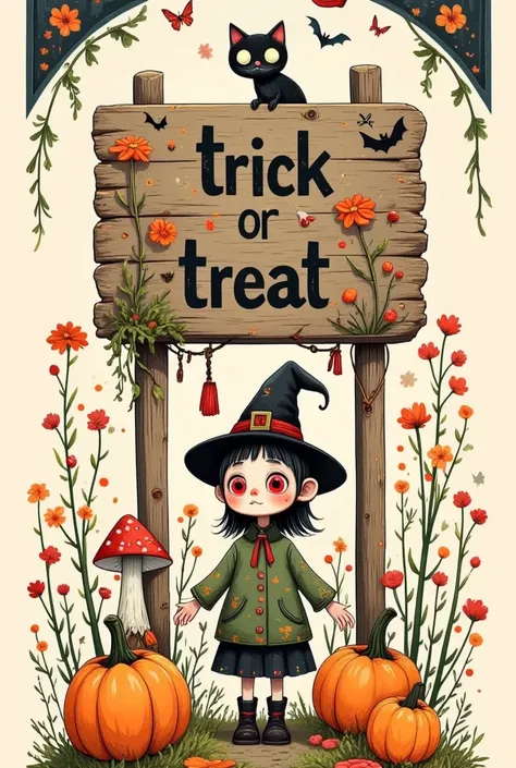 An adorable , presented in the style of a vintage childrens book illustration, stands next to flowers, mushrooms and pumpkins with Halloween elements. There is a wooden sign behind him that reads "Trick or treat" in the style of Don Blanding