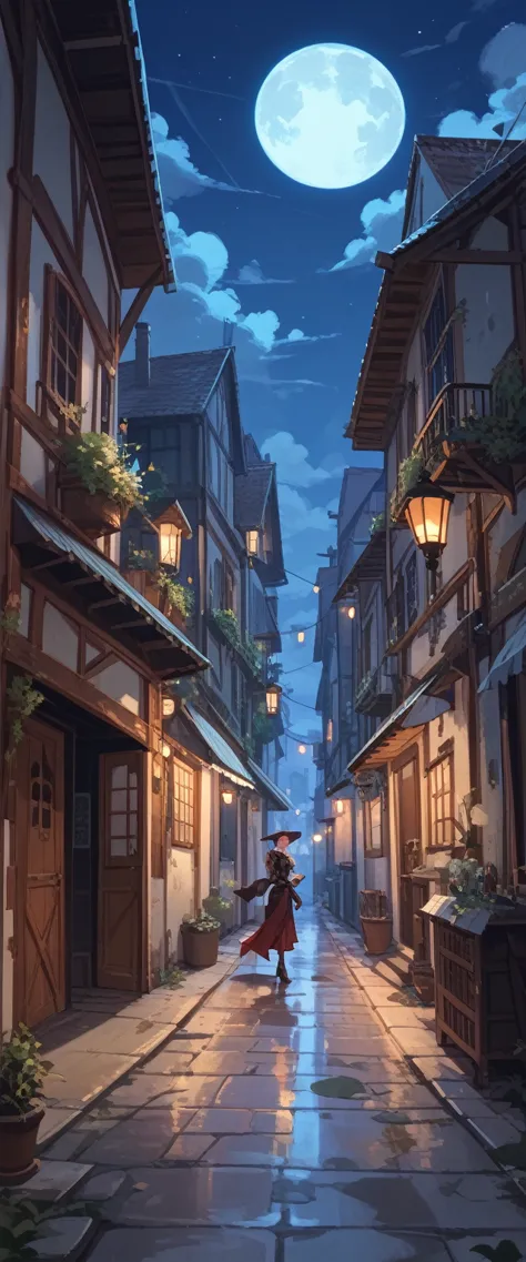 long narrow alley in set in a fantasy city, dark, mysterious, moon lit night.