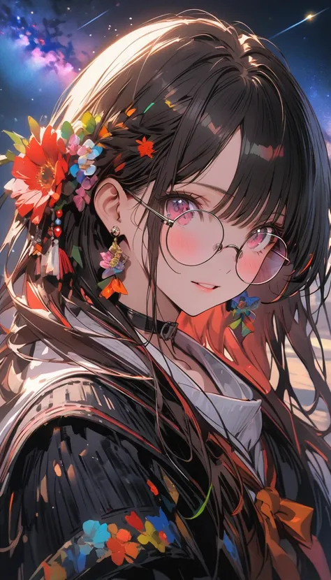   close-up shot , Anime girl with white glasses , Stand on land,Night view ,Many stars shining in the night sky,milky way ,Colorful flowers, headshot with white glasses,   oil painting style  , Clear oil brushwork , Impressionist palette style, 32K uhd, be...