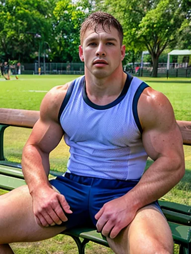 ((masterpiece)), absurd res, perfect face, rugby uniform, sitting on park bench outside, dripping sweat, muscular