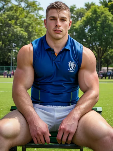 ((masterpiece)), absurd res, perfect face, rugby uniform, sitting on park bench outside, dripping sweat, muscular