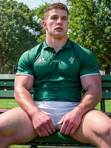 ((masterpiece)), absurd res, perfect face, rugby uniform, sitting on park bench outside, dripping sweat, muscular