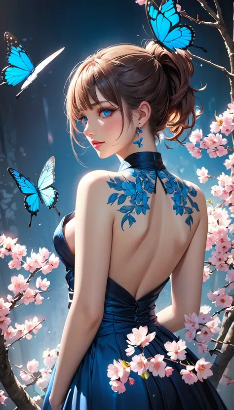 looking back, cool beauty, brown shiny silky disheveled ponytail, make up, amorous and lewd expression, captivating eyes, shy smile, cortesy, elegance, dignity, curvaceous, pink cherry blossom and beautiful blue butterfly tattoo on the back, various effect...