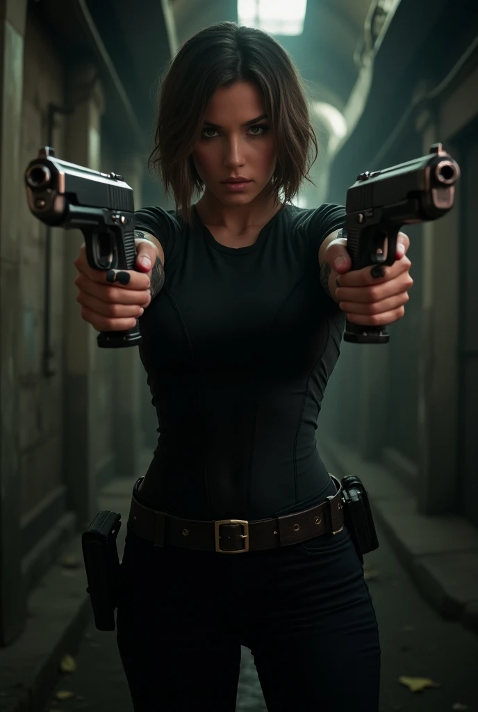 Short-haired woman holding double gun, score 5/5/9