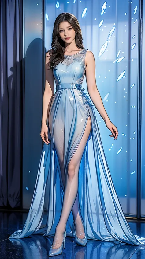 ((masterpiece)),(((Best Quality))), thin thighs,Long legs,(Full Body Portrait)，( one woman:1.2),( silk pantyhose and high heels:1.2),(Wear a light blue translucent prom dress:1.4)、(Model pose with legs extended:1.3)、Night in the background、wind、Starry Sky、...