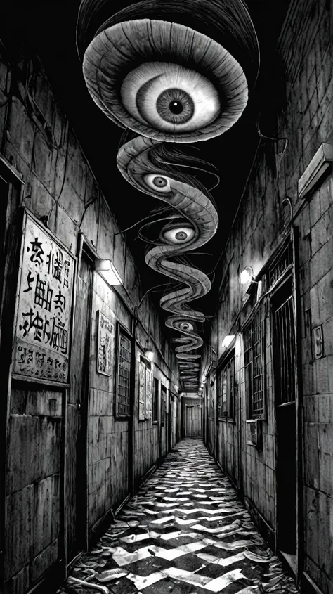 score_9, score_8_up, score_7_up, score_6_up, no human, bizarre scenario, junji ito, spiral alley, surrealism, dark, black and wh...